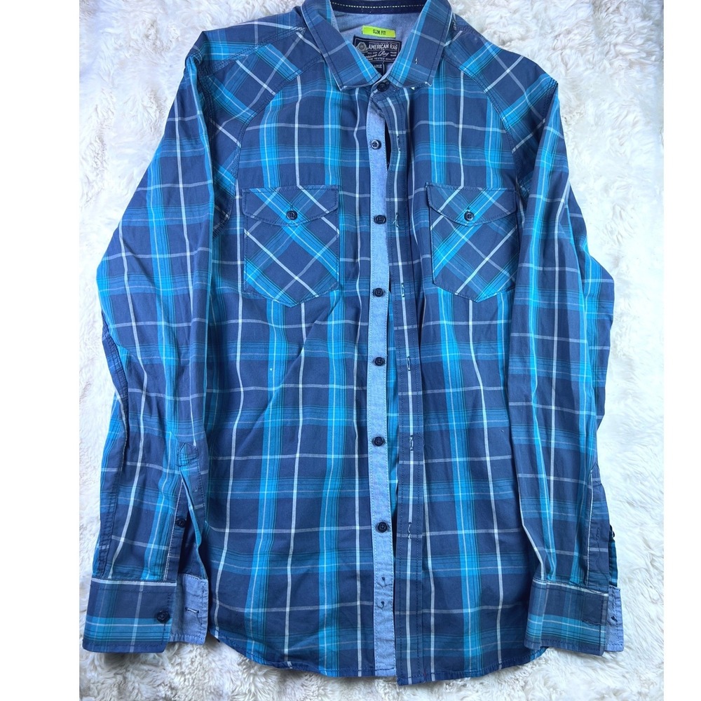 American Rag Mens XL Slim Fit Blue Plaid Long Sleeve Button Down Shirt Cotton
